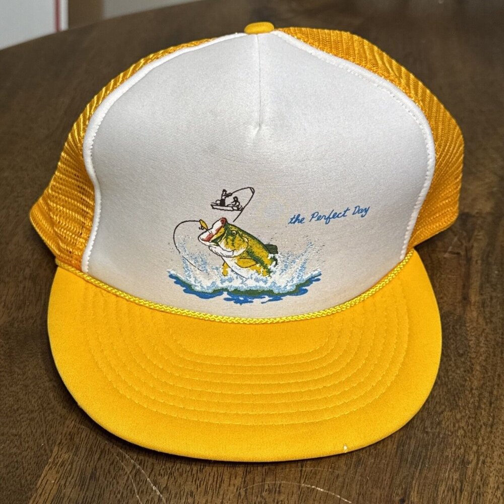 Vintage Bass Fishing Hat Snapback Trucker Cap Mens USA 80s Retro Dad‎ Yellow